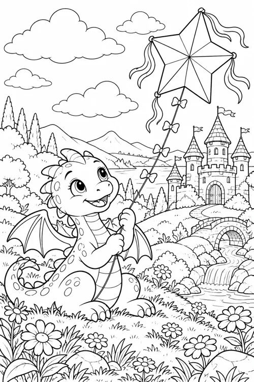Little Dragon’s Castle black-and-white colouring page