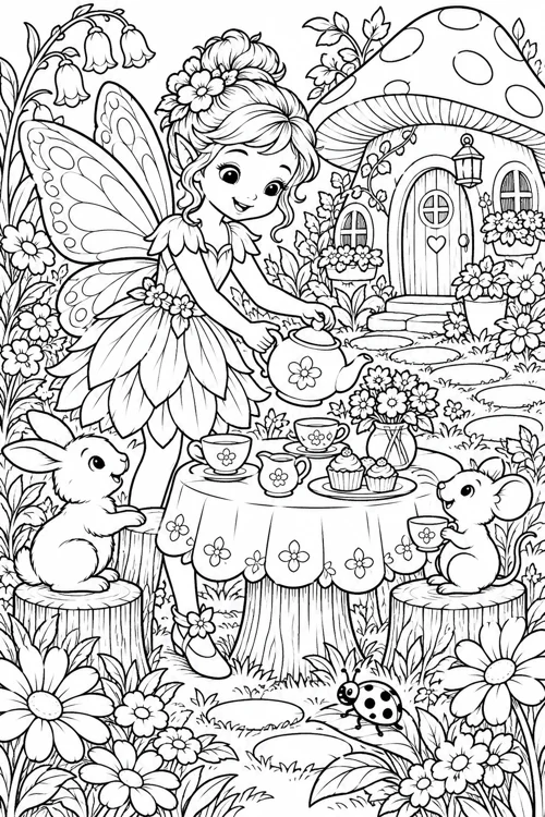 Fairy Garden Tea Party black-and-white colouring page