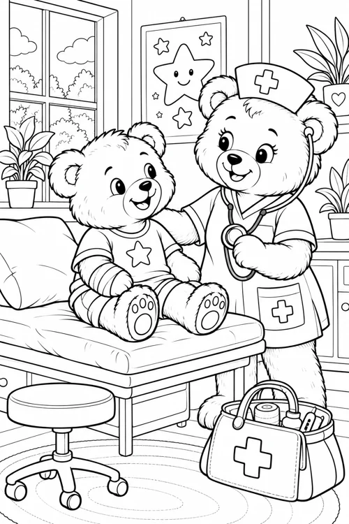 Teddy’s Helpful Hospital Visit black-and-white colouring page