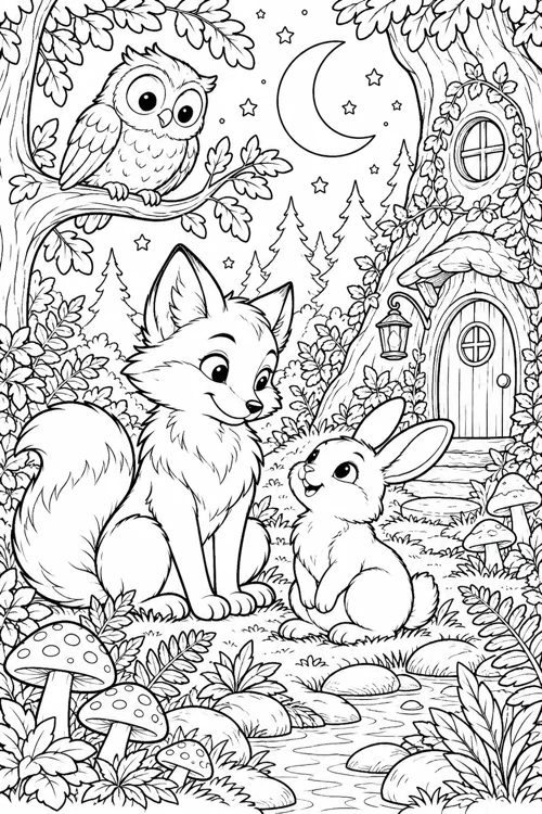 Woodland Moonlight Friends black-and-white colouring page